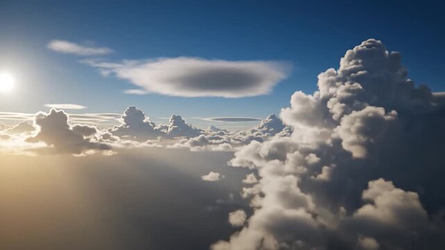 Sunlight illuminates the vast expanse of f white clouds in a blue sky.