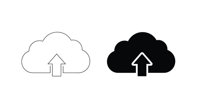 Two distinct cloud computing upload icons one line art style and one solid glyph representing data transfer to remote storage systems