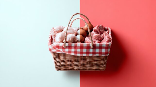 Wicker basket filled with raw meat on split color background food concept