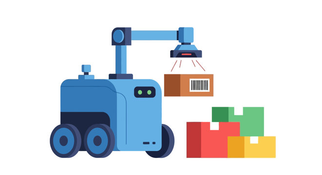 Robot handling packages in a warehouse environment.