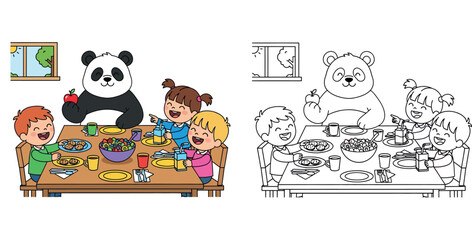 Cute cartoon panda eating breakfast with happy children at dining table, funny animal character © MstSangita