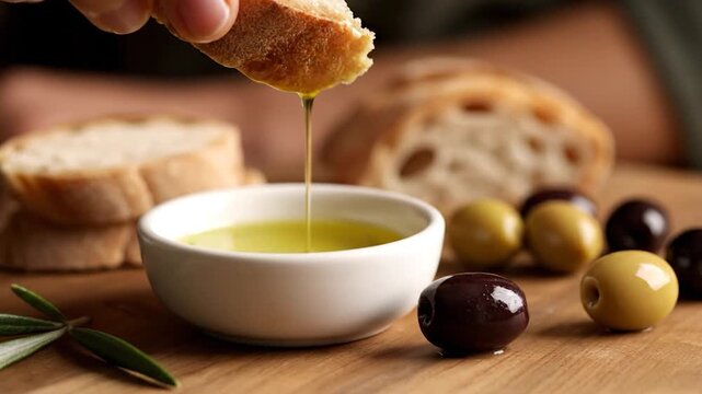 A hand dips bread into olive oil, with olives and bread on a wooden board