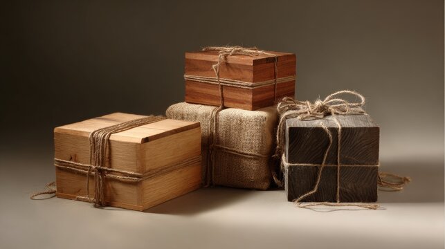 Stacked wrapped gift boxes tied with string rustic packaging and celebration concept