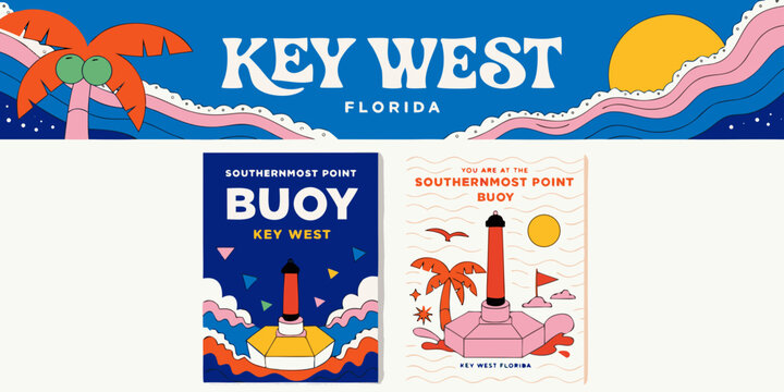 Key West Florida Southernmost Point Buoy &ndash; Colorful Tropical Poster‑Style Flat Vector Illustration of an Iconic Coastal Landmark