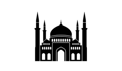 Fototapeta premium Front view black mosque silhouette vector illustration with minarets and dome isolated on white background
