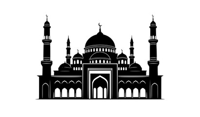 Black silhouette vector of mosque building with dome and minarets isolated on white background © Wahida