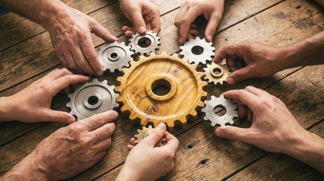 Diverse hands connecting metal and wooden gears on a rustic wooden table, flat lay, for teamwork and business strategy concept.