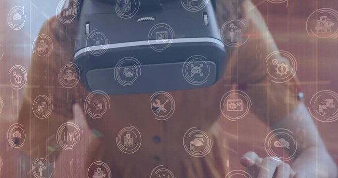 Animation of media icons over caucasian woman using vr headset