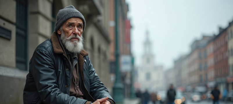 Elderly man with grey beard and hat sits on city street. Wears warm jacket. Background shows blurred urban buildings and street scene. He looks thoughtful, alone.