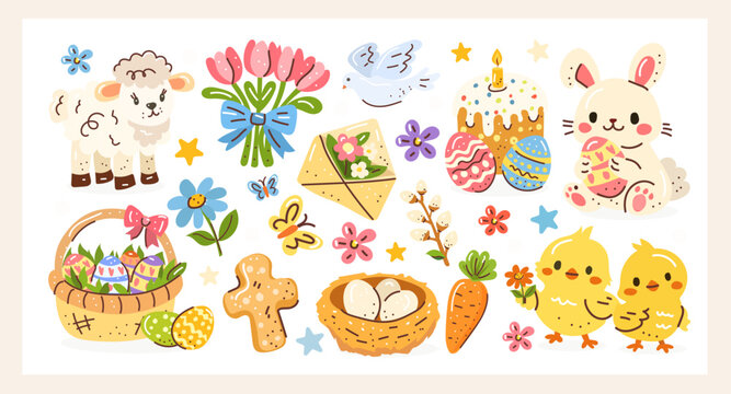Cute pastel Easter clipart set with bunny, chicks, lamb, decorated eggs, basket, cake, flowers, dove, carrot, nest and icons. Perfect for cards, invitations, stickers, scrapbooking and prints.