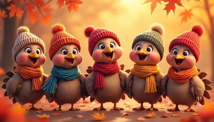 Obraz premium Five cartoon turkeys dressed in warm hats, scarves stand together in autumn forest setting. These cute birds have happy expressions, are surrounded by fallen leaves, suggesting cheerful fall theme.