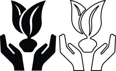 Obraz premium Two hands gently holding a small plant or sprout, symbolizing care, growth, and environmental protection, in both solid and outline styles.
