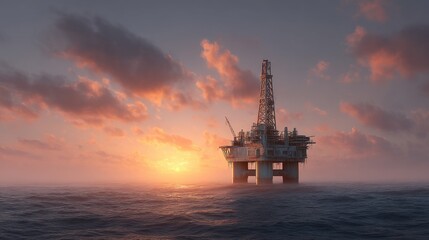 Obraz premium Majestic Offshore Oil Rig at Sunset Surrounded by Calm Ocean Waters with Dramatic Clouds and Warm Colors in the Sky