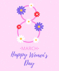 Illustration of a greeting card for Women's Day with flowers on a light pink background.