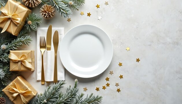 Festive table setting with golden wrapped gifts pine branches and gold cutlery. White plate set for holiday feast celebration dinner. Winter party meal arrangement.
