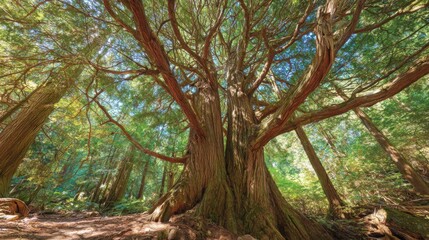 Fototapeta premium Towering ancient cedar tree with peeling bark and spread of branches in a sunlit forest