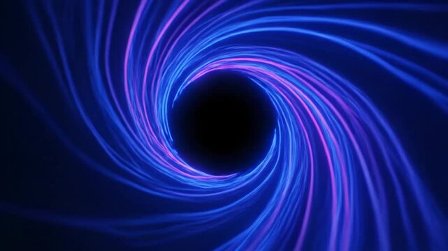 Mesmerizing digital light vortex with vibrant blue and purple neon lines spiraling into an infinite dark abyss, creating a dynamic and energetic abstract tunnel effect