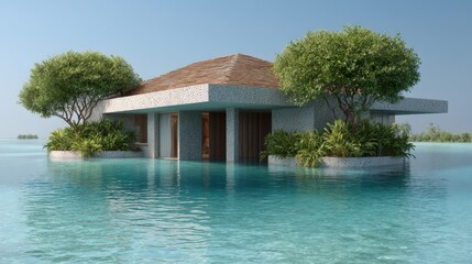 Obraz premium Serenity in Paradise: Stunning Overwater Villa Surrounded by Lush Greenery and Crystal Clear Water in a Tropical Oasis