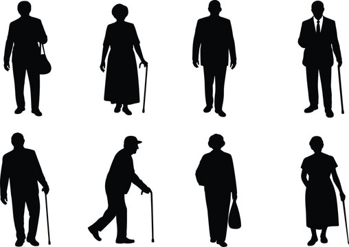 Elderly people silhouettes, senior figures, aging illustration, posture design, healthcare concept, accessibility clipart, lifestyle artwork, black white vector design
