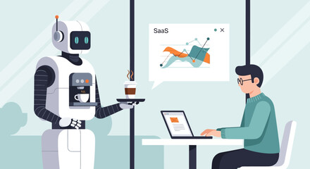 Man working on laptop with robot serving coffee in modern office.