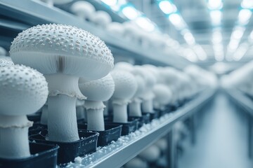 selective focus high-tech organic mushroom production with uniform growth in clean environment