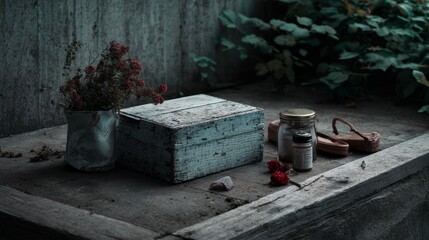 Rustic outdoor still life with box herbs and natural objects