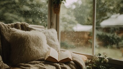 A Cozy Reading Nook on a Screened-In Porch with a Book on Plush Pillows and Blankets