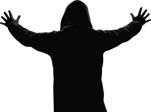 Silhouette hooded figure, raised arms, surrender gesture, celebration pose, invocation concept, mysterious posture, dramatic illustration, freedom expression, urban style, symbolic design