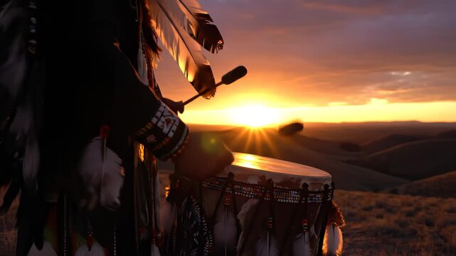 Person playing drum at sunset