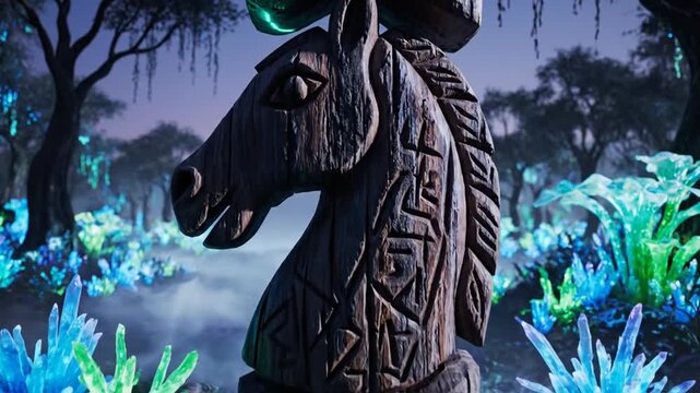 Solitary horses head carved totem standing amid glowing neon flora and misty forest