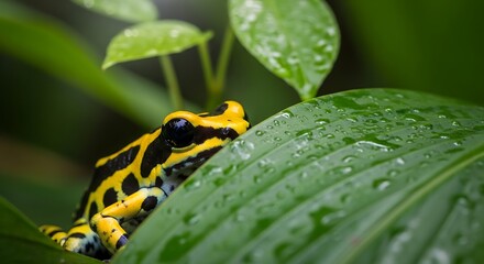 Obraz premium Vibrant Yellow and Black Poison Dart Frog on Lush Green Leaf.