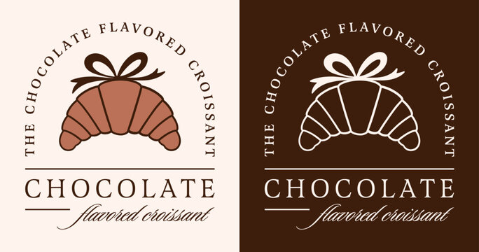 Chocolate croissant flavor label logo cocoa filling drizzle cacao filled bakery packaging design sticker illustration. Fancy luxury aesthetic French pastry with bow outline drawing cute poster print.