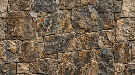 Obraz premium Rustic natural stone wall with rough-hewn brown and grey boulders fitted together tightly