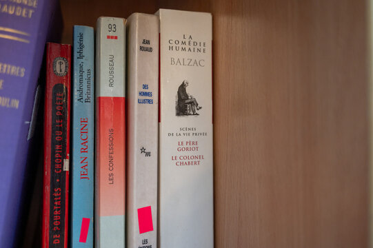 February 20, 2026 Ukraine, Lviv, Close-up of French classic literature book spines on a wooden bookshelf. Titles by Balzac, Rousseau . Education, culture and home library concept. Blurred background