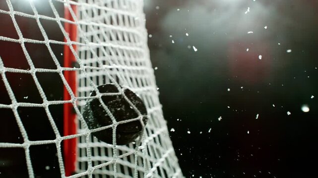 Super slow motion of ice hockey puck hitting the back of the net as it scores a goal