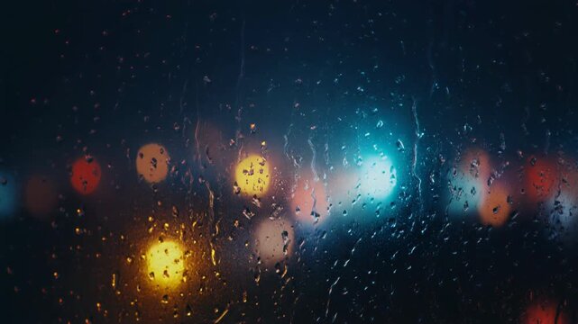 Rainy Night Window Droplets Blurred City Lights Moving Through Glass