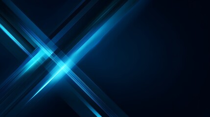 Obraz premium Dark navy abstract background with neon blue diagonal light cross and copy space