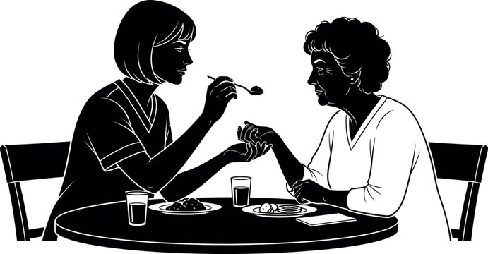 Female Nurse or Caregiver Feeding Senior Woman Patient; Geriatric Care and Assisted Living Silhouette.