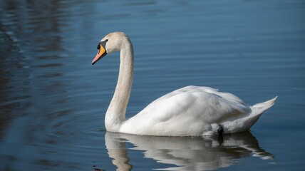 White swan in serene profile with soft natural lighting on calm blue water for wildlife photography