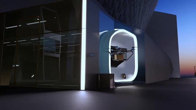 Future delivery drone lands parcel in automated building reception automated drone delivery concepts.