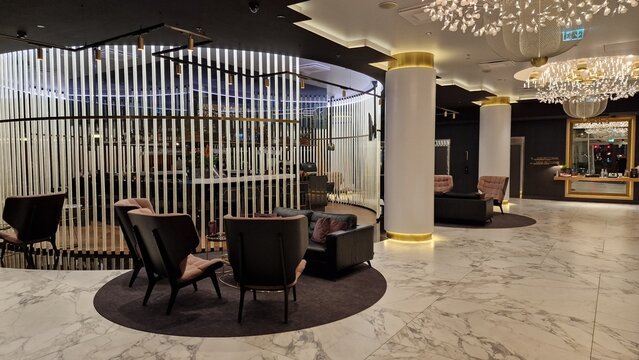 Luxury hotel lobby with crystal chandeliers in Tallinn, Estonia