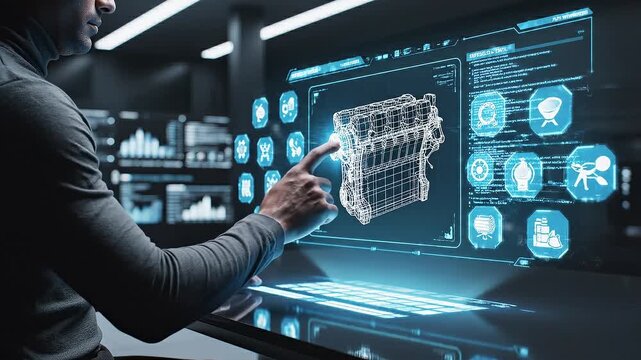 Digital Engineering: Man Analyzing 3D Engine Model on Holographic Interface
