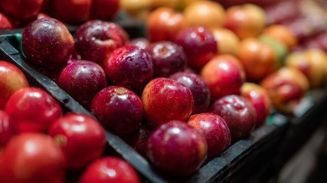 Fresh red apples in market crate vibrant harvest scene