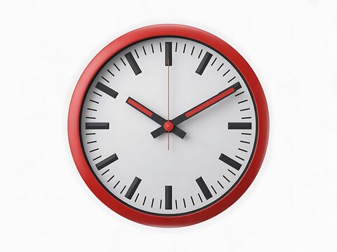Modern Red Wall Clock Isolated on White &ndash; Time Management Concept