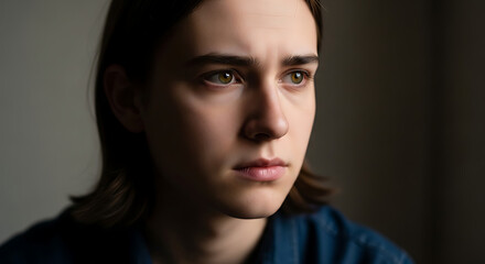 Fototapeta premium Close-up portrait of a young woman with long brown hair, looking off to the side with a serious and contemplative expression.