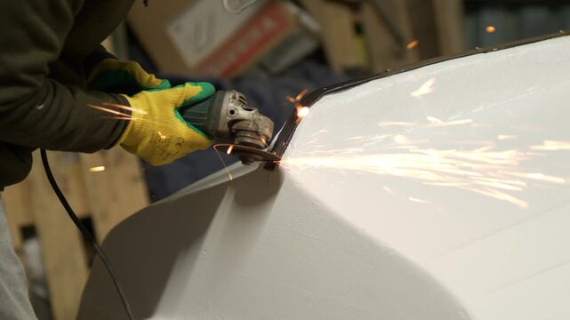Sparks fly while cutting keel band using grinder on boat repair project