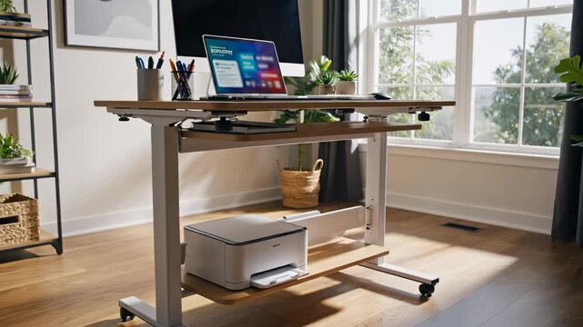 Modern home office with a laptop, printer, and accessories on a rolling adjustable desk