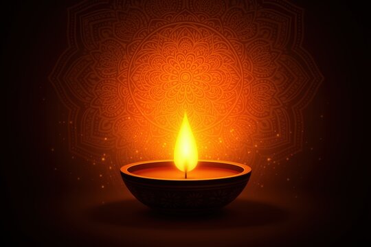 Illuminated clay diya with ornate mandala design for diwali celebration