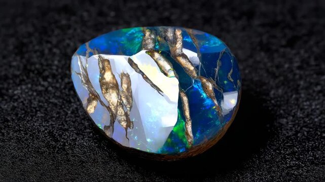 9Black Opal stone with intense rainbow fire and iridescence, extreme macro, dramatic lighting, abstract gemstone background
