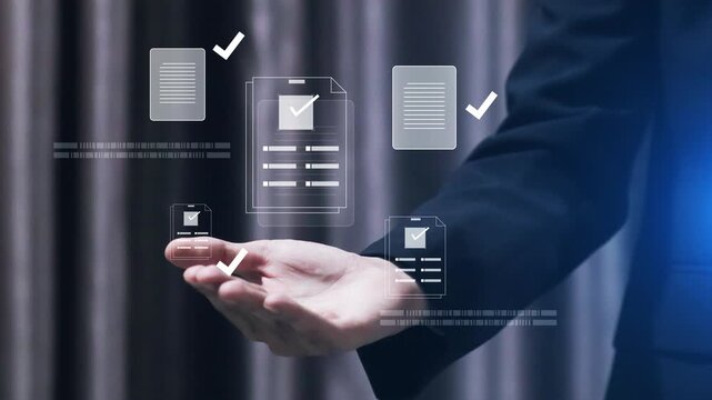 Businessman hand holding virtual electronic documents with multiple approved checkmarks. Concept of digital compliance, quality assurance, and efficient paperless office management system.